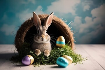 Wall Mural - Joyful Rabbit Emerging from Burrow Surrounded by Magical Chocolate Eggs on a Whimsical Background