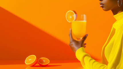 3D miniature photography of african woman model holds orange juice with vibrant colors happy bright fashion blue orange yellow background creative healthy fruit drink backgrournd