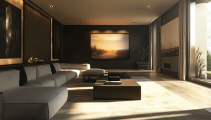 Canvas Print - Modern Living Room with White Sofa and Sunset Painting