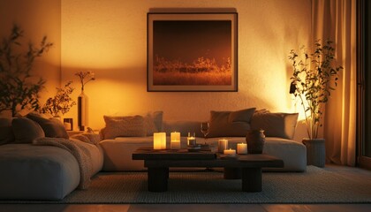 Canvas Print - Cozy Living Room with Candlelight and a Rustic Coffee Table