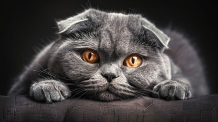 Close-up Portrait of a Grey Scottish Fold Cat