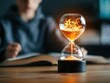 © pprothien - A creative hourglass with glowing sand illustrates the passage of time, with a blurred student studying in the background.