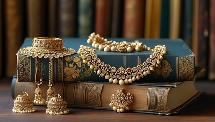 Exquisite jewelry accompanied by an art book shows an elegant lifestyle and delicate aesthetics.