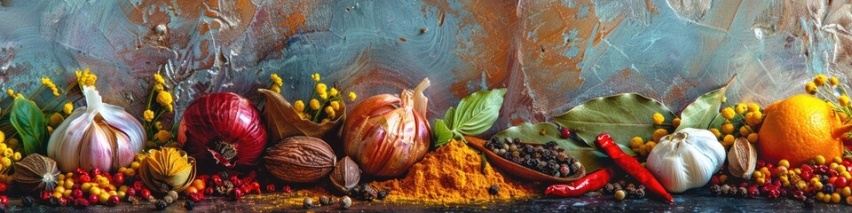 Poster - Vibrant still life composition showcasing an array of aromatic spices including turmeric, paprika, peppercorns, chili, garlic, bay leaf, and sea salt. Rich colors enhance the visual appeal and essence