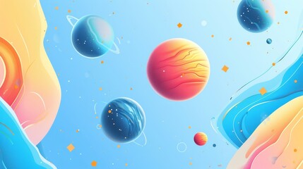 Wall Mural - A vibrant abstract illustration featuring colorful planets floating against a bright blue background, accented with geometric shapes. The image evokes a sense of wonder and imagination, perfect for