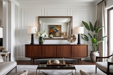 Wall Mural - Elegant Wooden Cabinet with Designer Decor in Chic Living Room Against Pristine White Wall