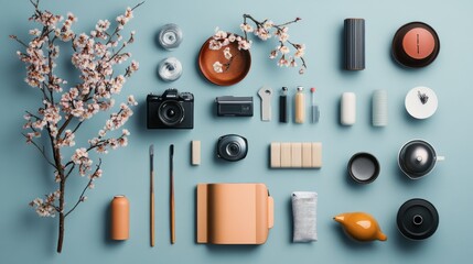 Still Life with Camera, Cherry Blossoms, and Japanese Tea Ceremony Objects