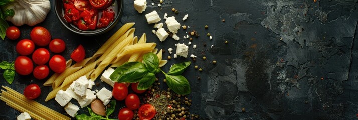 Canvas Print - Trendy Feta Pasta Dish Featuring Cherry Tomatoes, Feta Cheese, Garlic, and Herbs - Vertical Image with Top View and Space for Text