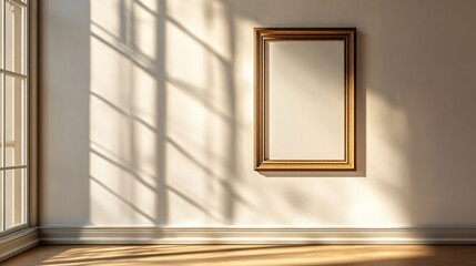 A blank picture frame hanging on a white wall with sunlight streaming in.