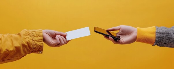 Close-up of two hands exchanging a card and a phone against a vibrant yellow background. Concept of business networking and contact sharing.