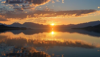 The calm lake surface under the sunset is reflected in brilliant golden light, and the outline of the surrounding mountains is looming, creating a tranquil natural atmosphere.