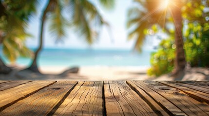 Sticker - Wooden table surface with blurred beach setting, ideal for showcasing or product placement