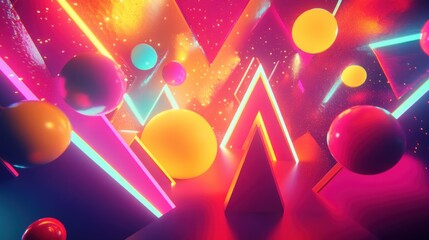 Poster - Abstract Composition with Neon Lights, Spheres, and Geometric Shapes