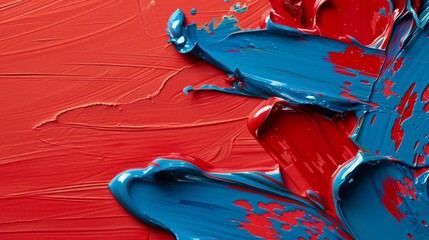 close-up shot of vibrant red and blue paint strokes on a canvas. the rich textures and bold colors c