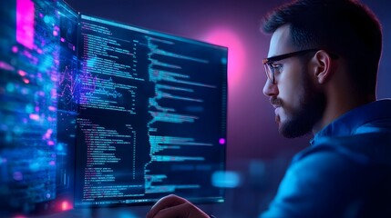 Wall Mural - futuristic programmer integrating api with website on dual monitor setup skilled developer working d
