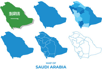 Saudi Arabia Maps in different style political map flag outline vector illustration set