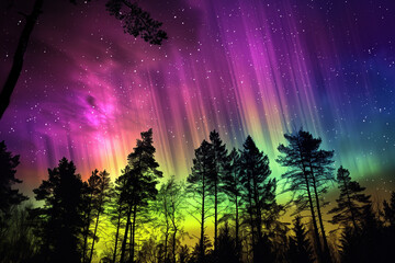 Aurora. Northern lights over the forest. Green, blue and purple bright lights and stars in the dark sky. Cold winter.