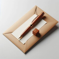 Elegant wooden pen paired with an envelope, isolated on a plain white surface