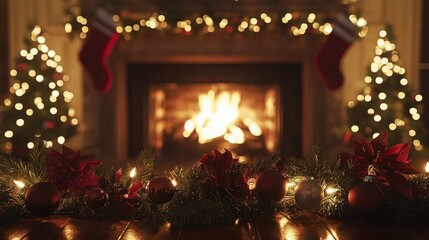 Wall Mural - Christmas Ornaments and Garland in Front of a Fireplace