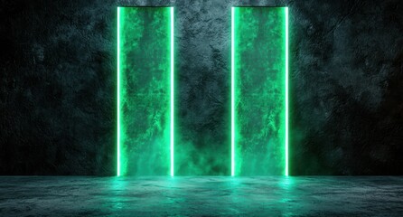 Canvas Print - Glowing green neon lights in dark room