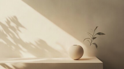 Wall Mural - Minimalist Beige Interior with a Single Plant and Round Vase