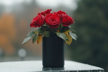 Wall Mural - Vibrant red roses in a black vase