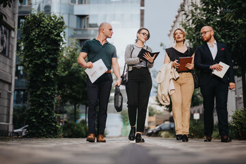 Wall Mural - A group of young professionals walking and discussing business outdoors in a modern urban environment. They appear engaged and focused.