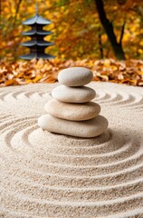 Canvas Print - Peaceful zen garden with stacked stones and pagoda