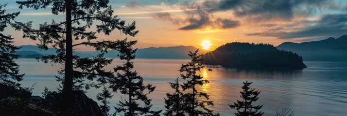 Poster - Silhouettes of tall spruce trees set against a beautiful sunset over water.