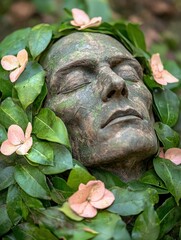 Canvas Print - serene stone face surrounded by lush greenery and delicate flowers