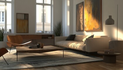 Canvas Print - Modern Living Room Interior with Couch, Coffee Table, and Artwork