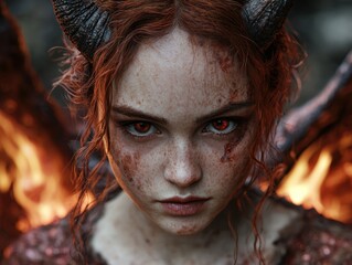 Wall Mural - Intense demonic woman with fiery eyes and horns