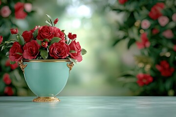 Wall Mural - Elegant bouquet of red roses in a decorative vase