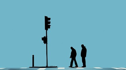 Silhouettes of two men walk past a traffic light on a minimalist blue background. The image captures the essence of urban life and movement, framed by the stark, clean lines of the setting.