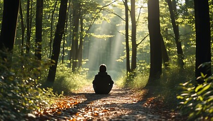 Wall Mural - Sitting alone on the path, surrounded by dense woods, the sun shines on the ground through the leaves, creating a tranquil atmosphere.