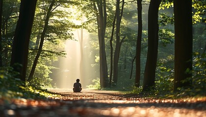 Wall Mural - Sitting alone on the path, surrounded by dense woods, the sun shines on the ground through the leaves, creating a tranquil atmosphere.