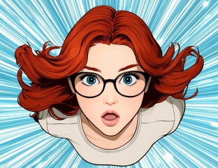 Wall Mural - surprised woman with red curly hair and glasses