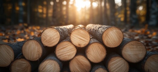 Poster - Stacked Wooden Logs in Autumn Forest