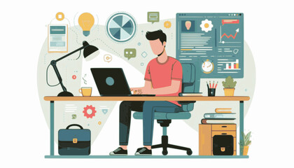 Programmer in Office Environment Working on Laptop, Flat Vector