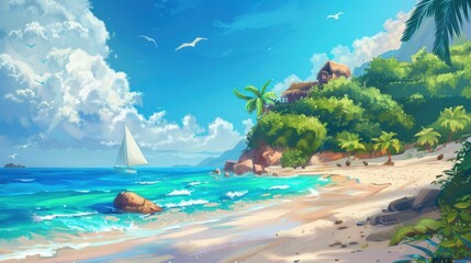 Vibrant summer beach illustration with a bright, sunny backdrop featuring waves, sand, and palm trees, evoking a tropical and lively atmosphere