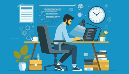 Flat Vector Style Programmer at Office Desk with Laptop