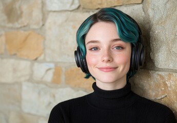 Canvas Print - young woman with teal hair and headphones smiling against stone wall