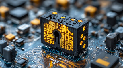 Wall Mural - Glowing padlock on circuit board. Concept of cybersecurity and data protection.