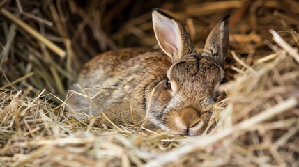 Canvas Print - A cute rabbit snuggles in a hay pile