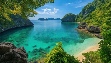 Poster - Tranquil Lagoon Surrounded by Lush Green Cliffs