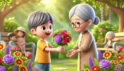 A smiling child gives a colorful bouquet to an elderly woman in a flower-filled park under soft sunlight.