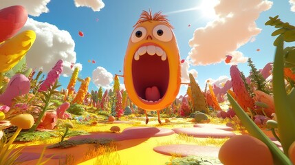 A 3D character with a big head and small body, making a funny expression in a vibrant, animated landscape