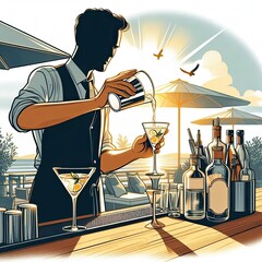 A bartender mixes and pours a martini into a martini glass at an outdoor bar with lots of sunlight.  illustration white background