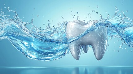 Mouthwash and Mouth Rinse Concept Featuring Isolated White Teeth with Clean Water Splash Wave, Highlighting Dental Hygiene and Healthy Teeth in a 3D Vector Design