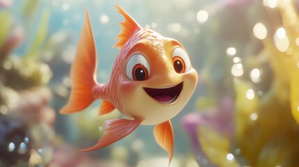 A happy, animated cartoon fish with exaggerated fins and a playful grin, floating in a bright, cheerful underwater environment